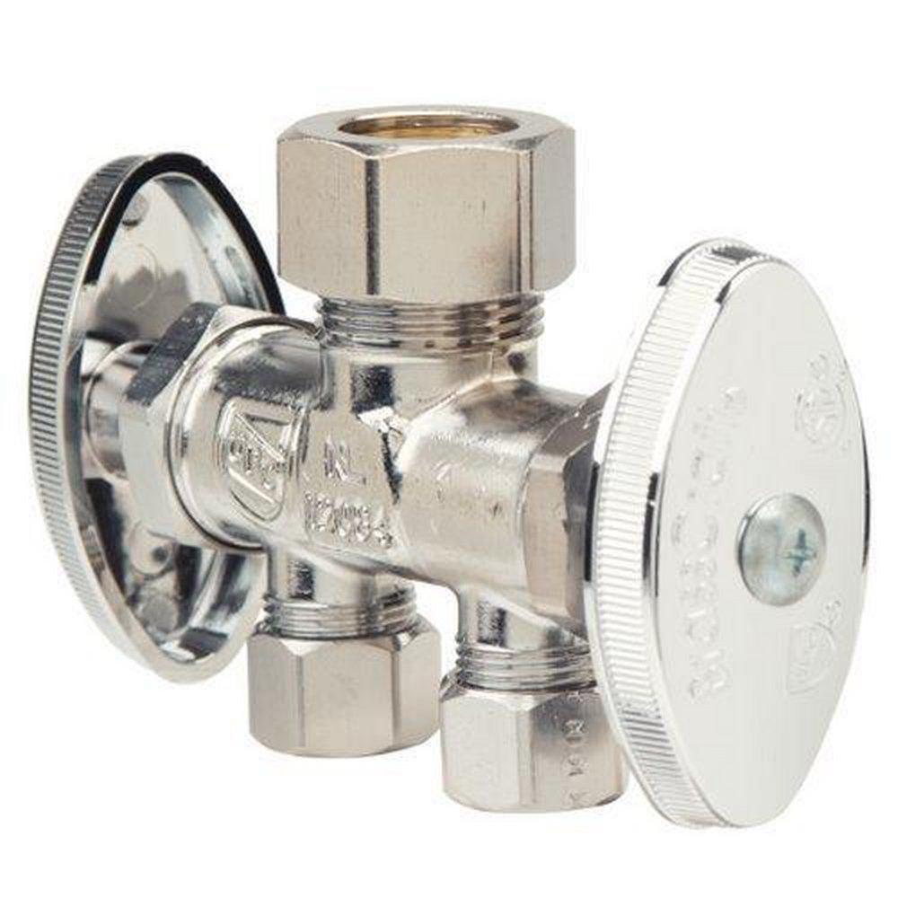 BrassCraft CR1901DV Series 1/2 x 3/8 x 3/8 in. Compression x OD Compression x OD Compression Knurled Oval Handle Straight Supply Stop Valve in Chrome Plated