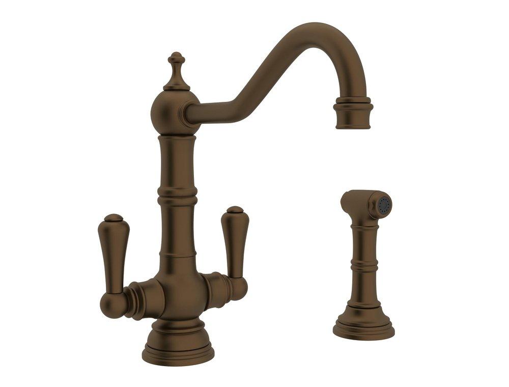 Perrin & Rowe® Baltera Two Handle Kitchen Faucet with Sidespray in English Bronze