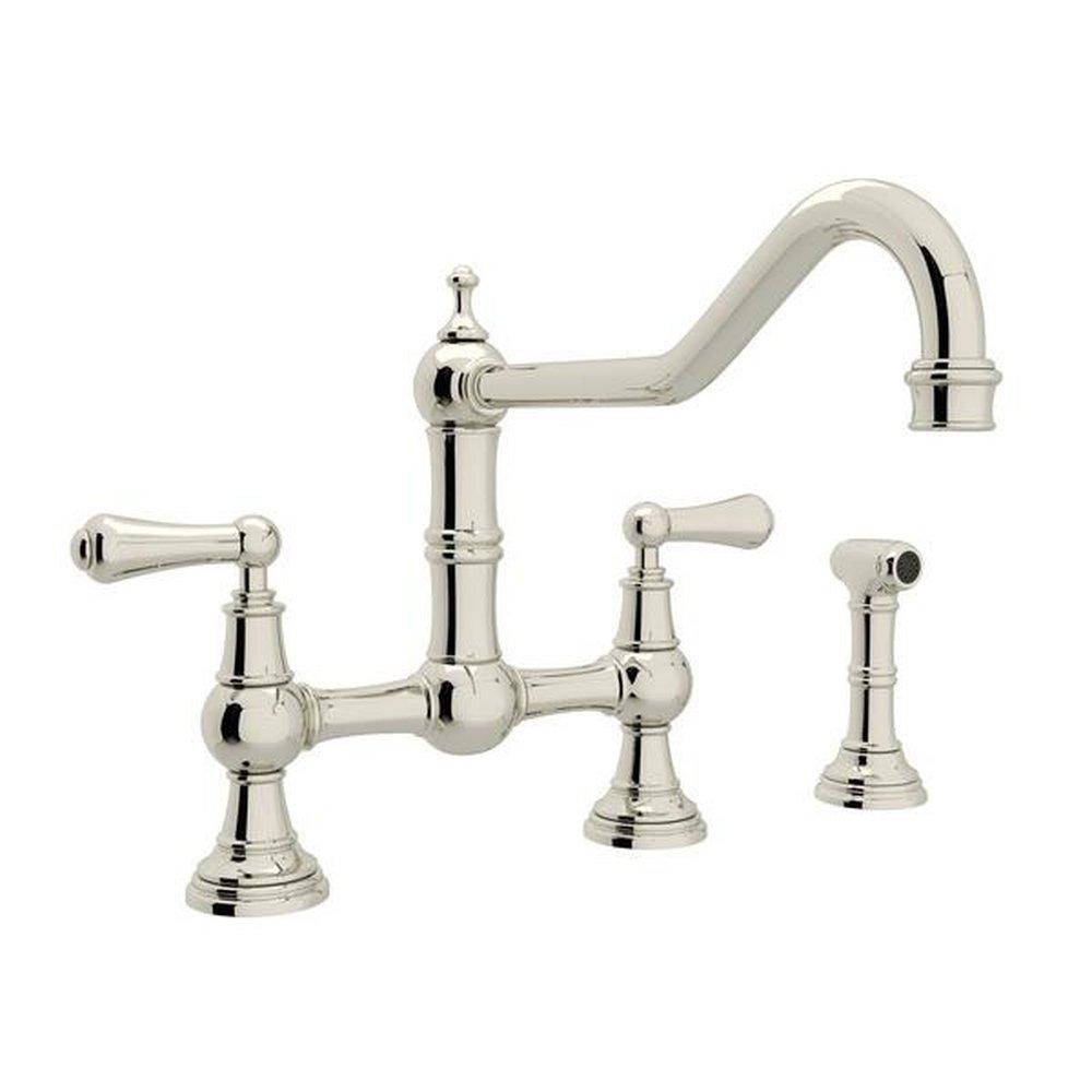 Perrin & Rowe® Cisal Classic Two Handle Bridge Kitchen Faucet with Side Spray in Polished Nickel