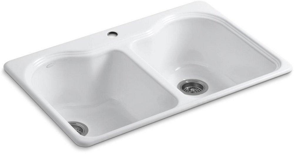 KOHLER Hartland® 33 in. Drop-in Cast Iron Double Bowl Kitchen Sink in White
