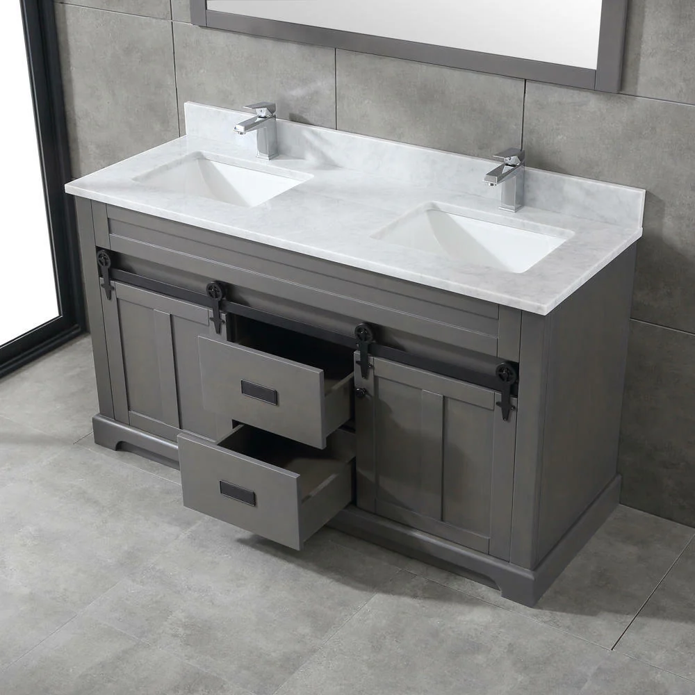 Farmhouse 72 in Double Sink Bathroom Vanity in Grey with Calacatta Gold Quartz Countertop