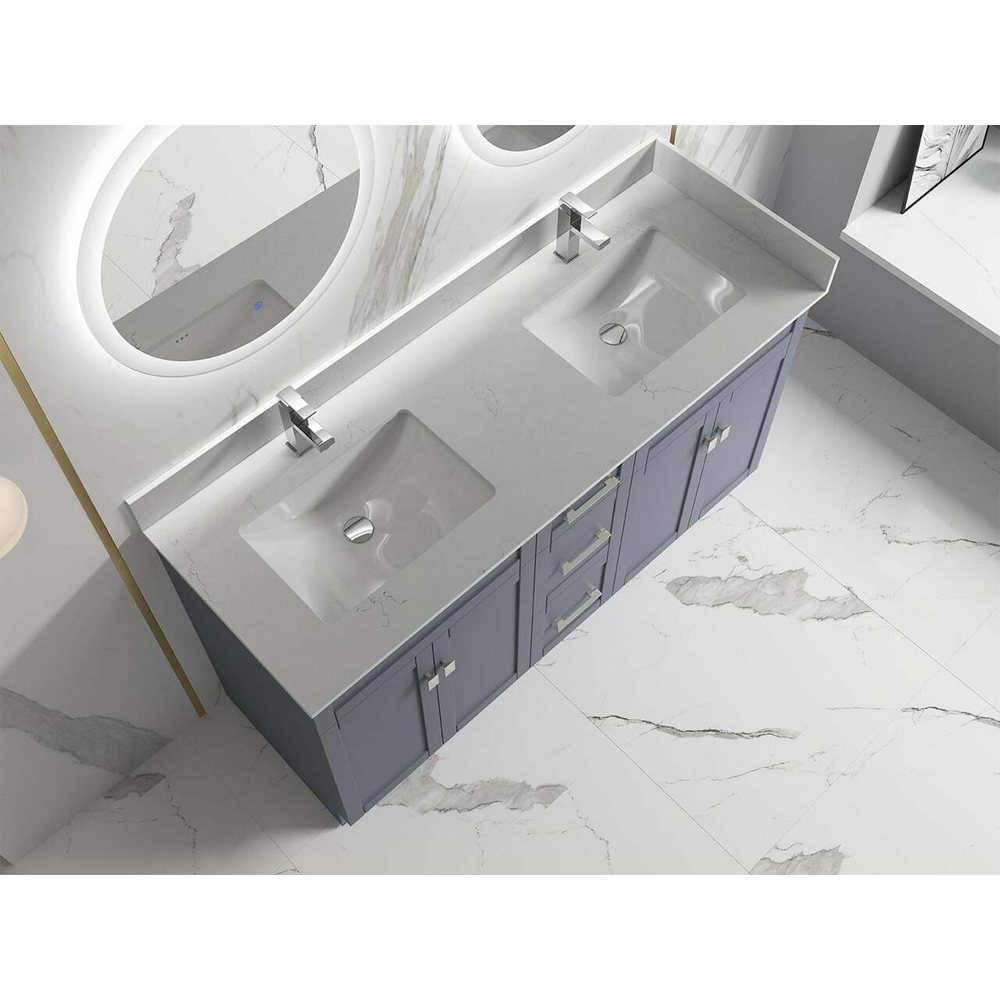 Satar 60 in Double Sink Bathroom Vanity in Grey with White Quartz Countertop