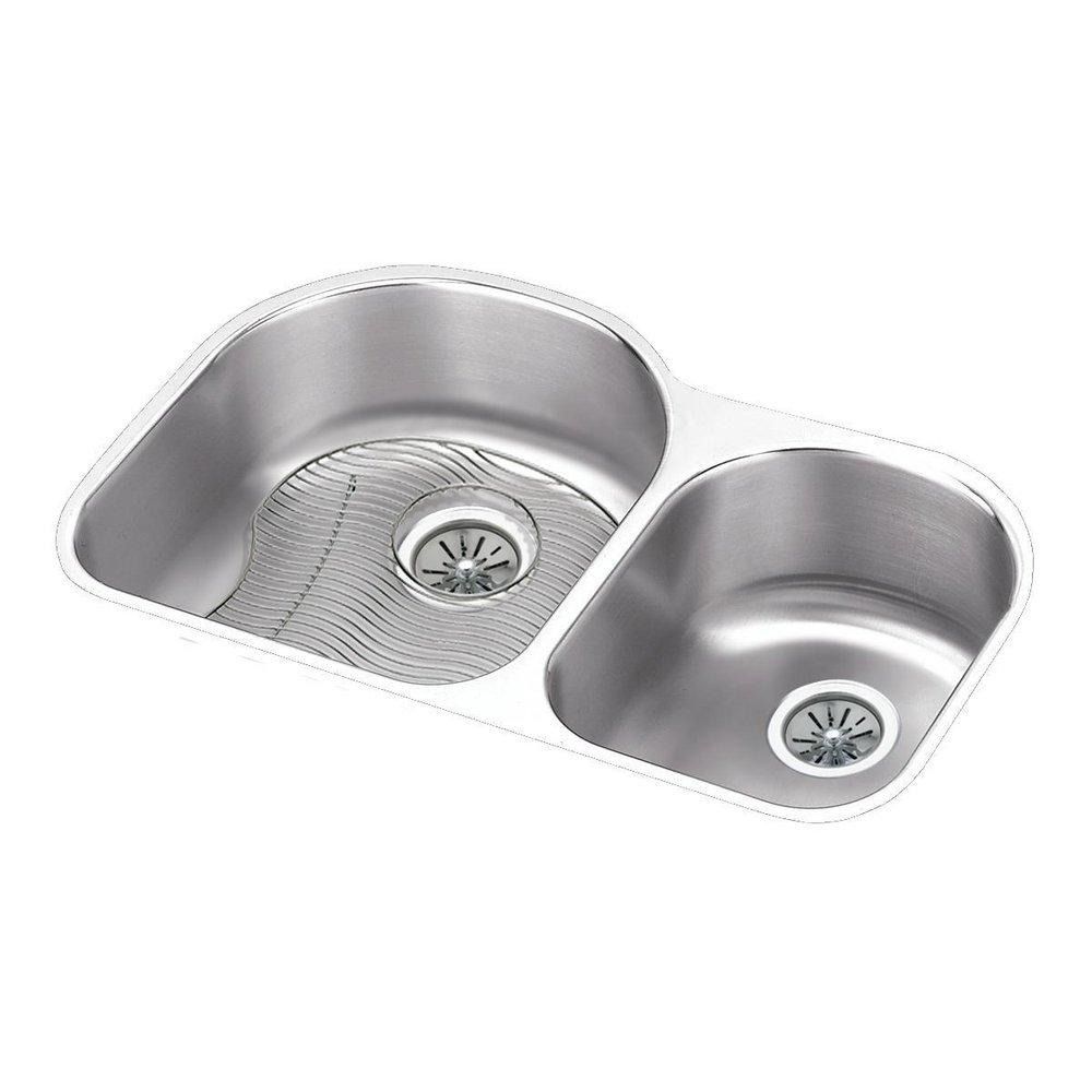 Elkay Lustertone® Stainless Steel Double Bowl Undermount Kitchen Sink with Rear Center Drain Kit in Lustertone