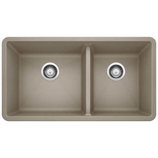 BLANCO Precis 33 in. Undermount Silgranit Double Bowl Kitchen Sink in Truffle