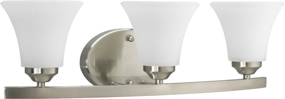 Progress Lighting Adorn 100W 3-Light Vanity Light Fixture with Fluted Glass Shades on a Curving Frame in Brushed Nickel