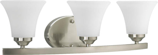 Progress Lighting Adorn 100W 3-Light Vanity Light Fixture with Fluted Glass Shades on a Curving Frame in Brushed Nickel