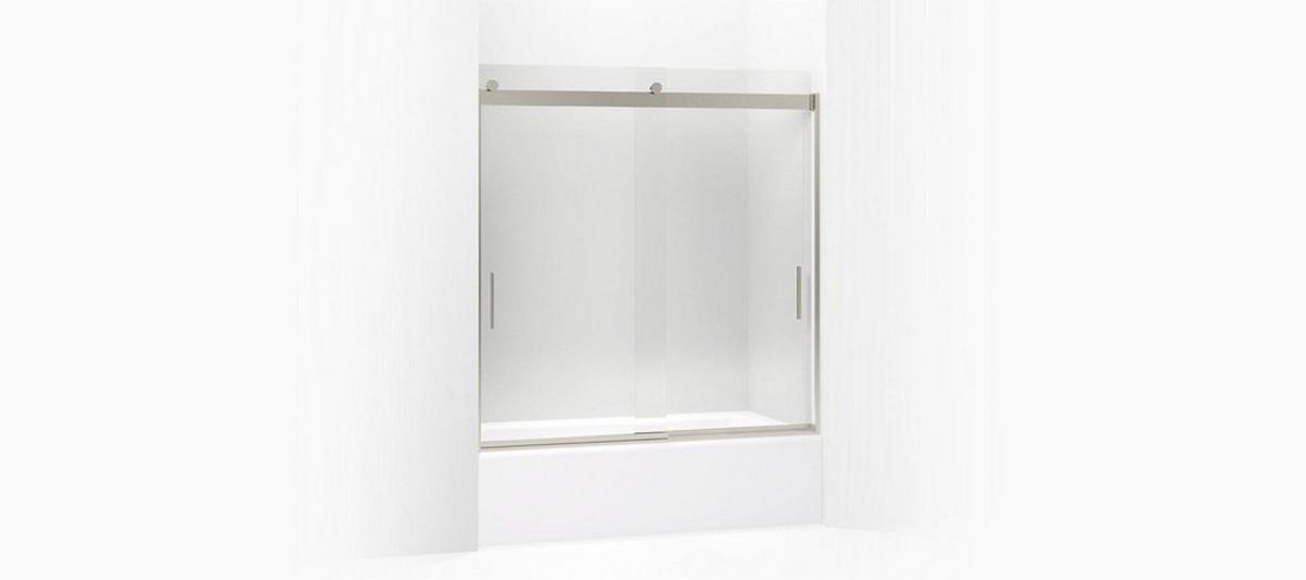 KOHLER Levity® 62 x 59-5/8 in. Frameless Sliding Bath Door with Crystal Clear Glass and Blade Handle in Matte Nickel