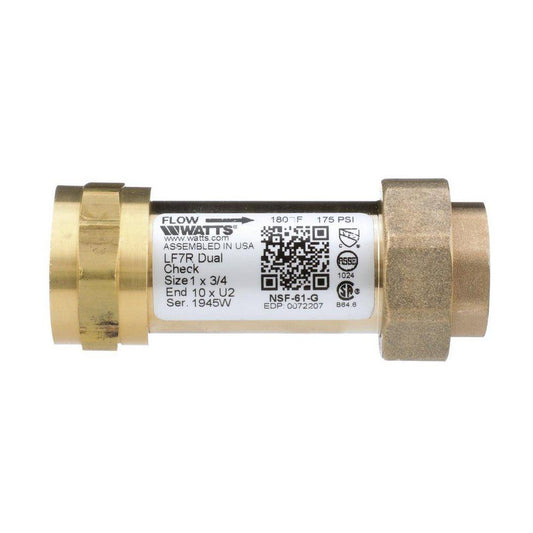 Watts Series LF7R 1 x 3/4 in. Brass FPT x Union Dual Check Valve