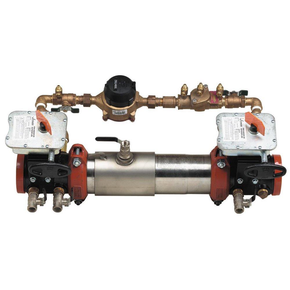 Ames Fire & Waterworks LFC300 3 in Stainless Steel Grooved Double Check Detector Assembly with Shutoff Valve, Soft Seated Check Valve, Test Cock, and Water Meter
