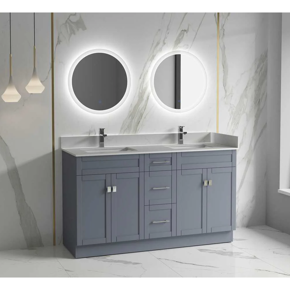 Satar 60 in Double Sink Bathroom Vanity in Grey with White Quartz Countertop