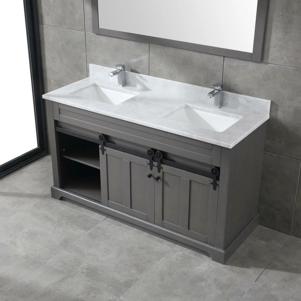 Farmhouse 72 in Double Sink Bathroom Vanity in Grey with Calacatta Gold Quartz Countertop