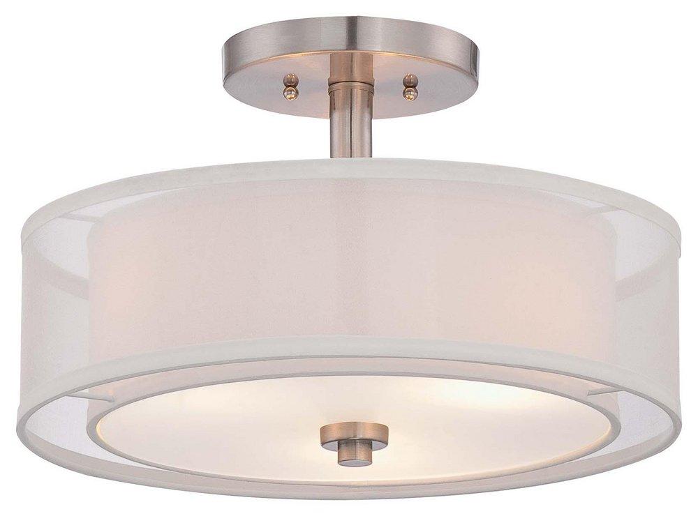 60W 3-Light Medium E-26 Vantage Semi-Flush Drum Ceiling Fixture with Translucent Silver & Off-White Linen Shades in Brushed Nickel