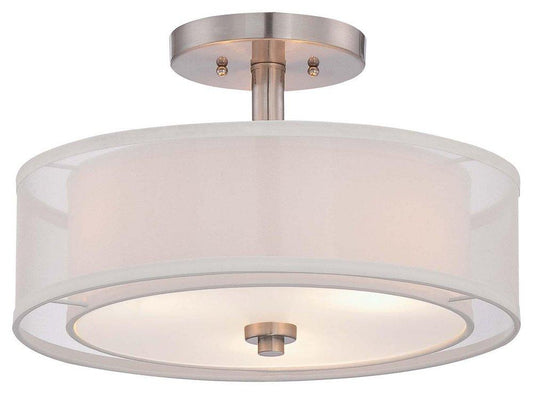 60W 3-Light Medium E-26 Vantage Semi-Flush Drum Ceiling Fixture with Translucent Silver & Off-White Linen Shades in Brushed Nickel