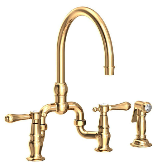 Newport Brass Chesterfield Two Handle Bridge Kitchen Faucet with Side Spray in Uncoated Polished Brass - Living