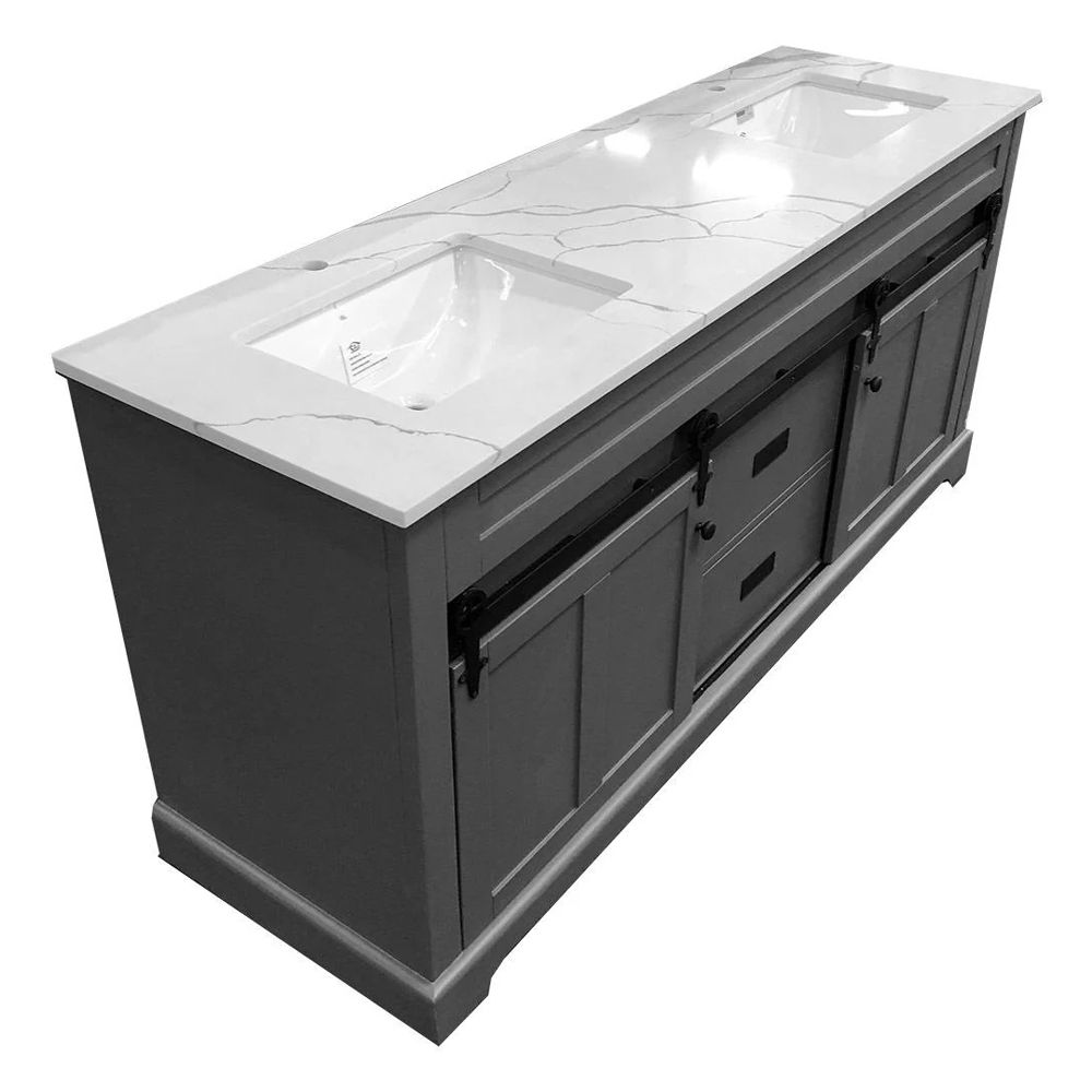 Farmhouse 72 in Double Sink Bathroom Vanity in Grey with Calacatta Gold Quartz Countertop