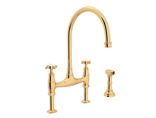 Perrin & Rowe® Palladian® Two Handle Bridge Kitchen Faucet with Side Spray in Unlacquered Brass