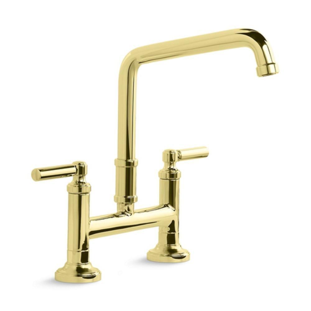 Kallista Quincy™ Two Handle Bridge Kitchen Faucet in Unlacquered Brass