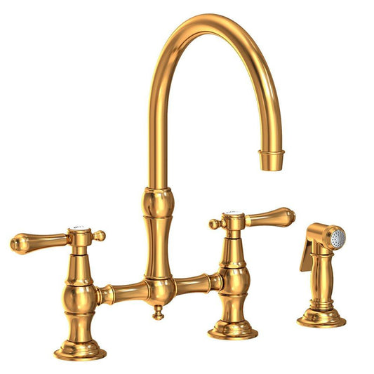 Newport Brass Chesterfield Two Handle Bridge Kitchen Faucet with Side Spray in Aged Brass