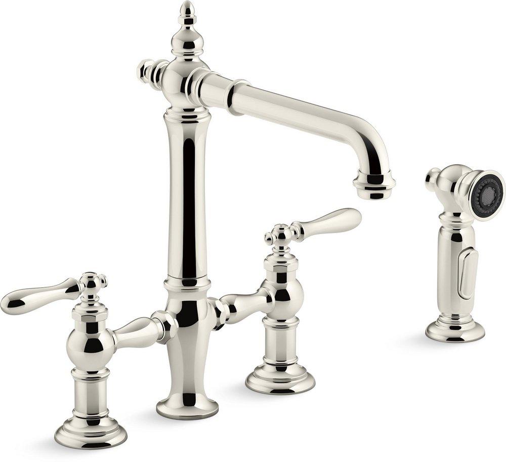 KOHLER Artifacts® Two Handle Bridge Kitchen Faucet with Side Spray in Vibrant® Polished Nickel