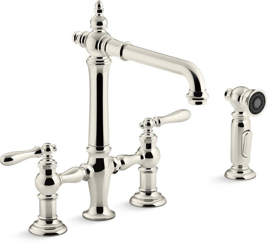 KOHLER Artifacts® Two Handle Bridge Kitchen Faucet with Side Spray in Vibrant® Polished Nickel