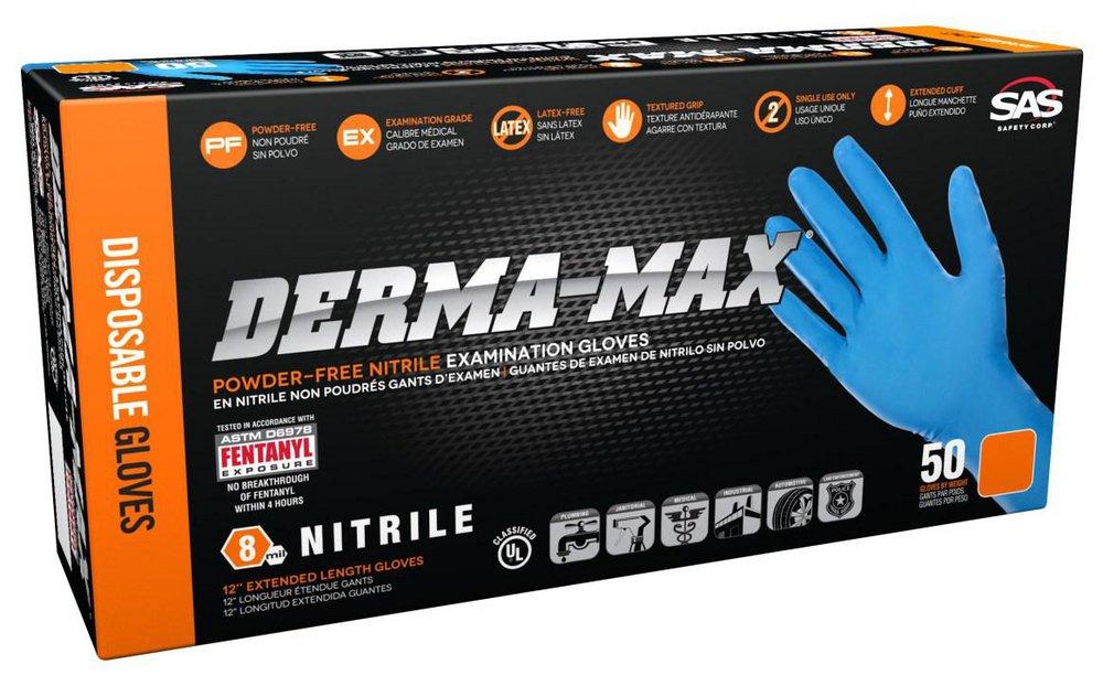 SAS Safety Derma-Max® 8 mil Size L Powder Free Rubber Extended Length Disposable Glove in Blue (Pack of 50)
