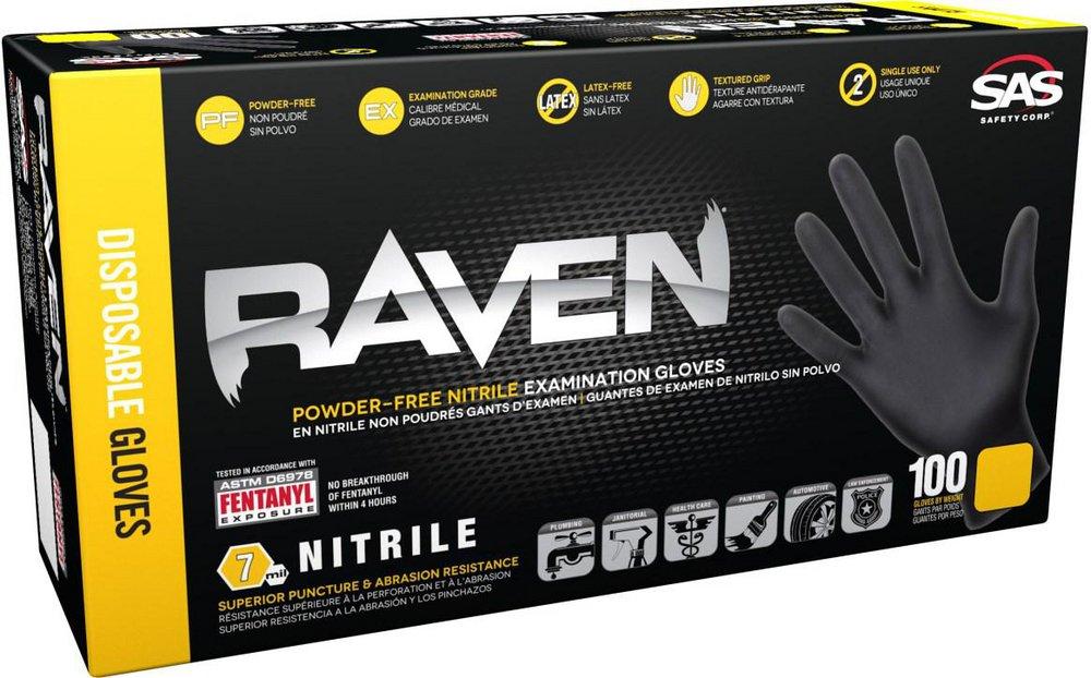 SAS Safety Raven® 7 Mil Size Medium Powder Free Textured Nitrile Disposable Gloves in Black (100 Pack)