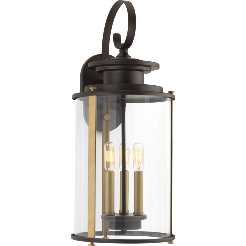 Progress Lighting Squire 3-Light 60W Candelabra E-12 Outdoor Wall Sconce with Clear Glass Shade in Antique Bronze
