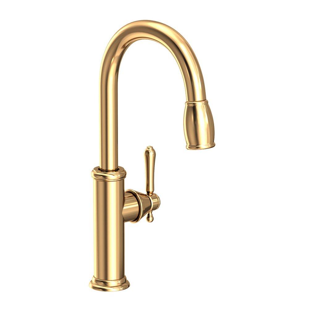 Newport Brass Chesterfield Single Handle Pull Down Kitchen Faucet in Uncoated Polished Brass - Living