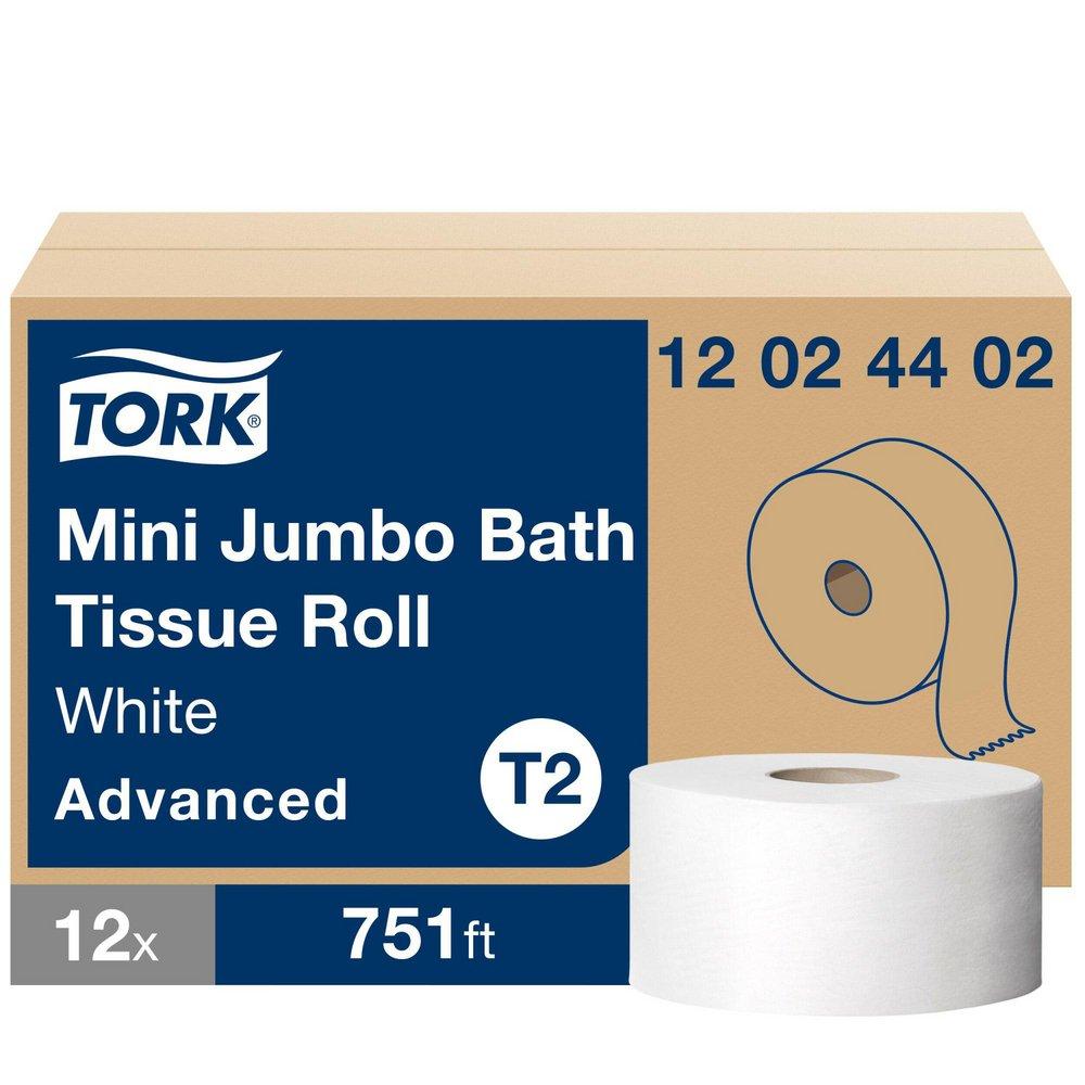 Tork Advanced Mini Jumbo Bath Tissue Roll, 2-Ply 751 ft, White, T2 System (Case of 12)