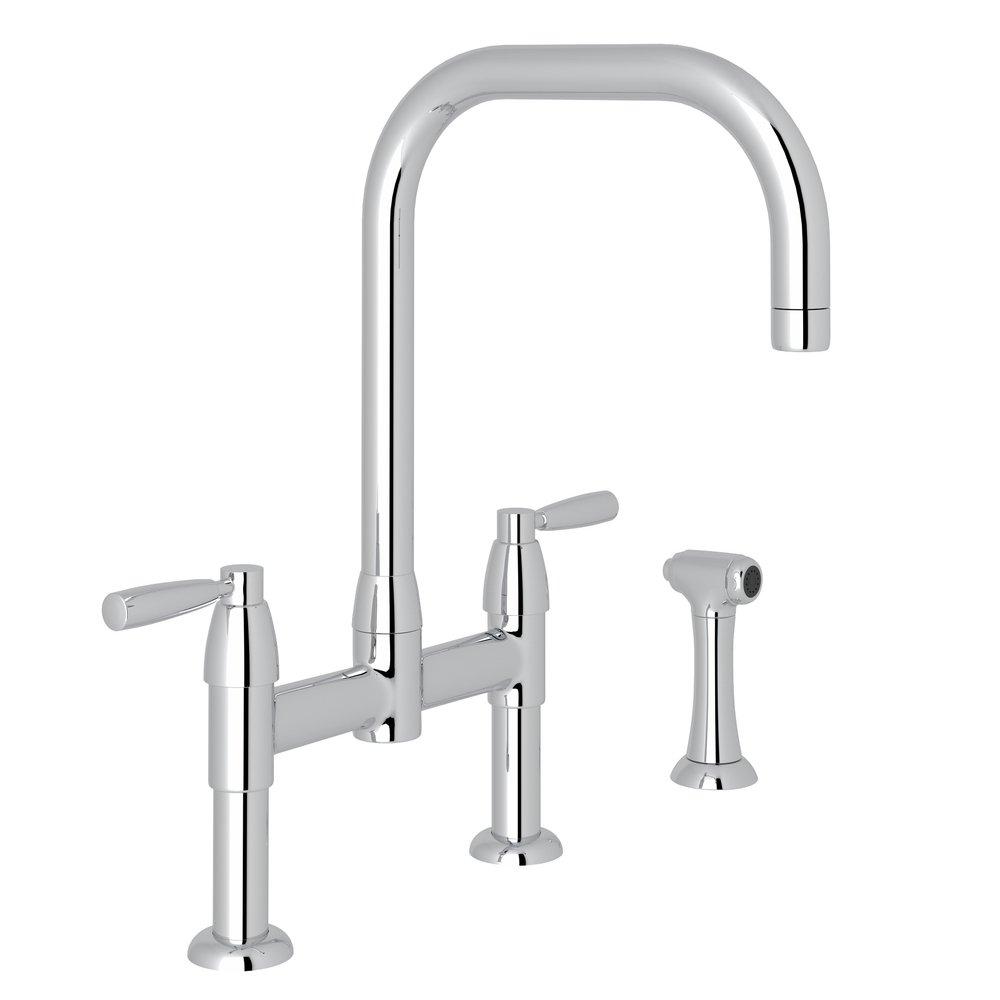 Perrin & Rowe® Holborn Two Handle Bridge Kitchen Faucet with Side Spray in Polished Nickel