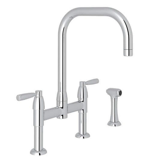 Perrin & Rowe® Holborn Two Handle Bridge Kitchen Faucet with Side Spray in Polished Nickel