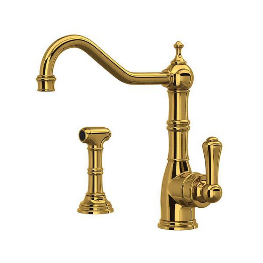 Perrin & Rowe Edwardian™ Single Handle Kitchen Faucet with Side Spray in Unlacquered Brass