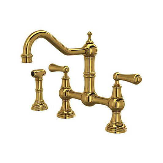 Perrin & Rowe® Edwardian™ Two Handle Bridge Kitchen Faucet with Side Spray in Unlacquered Brass