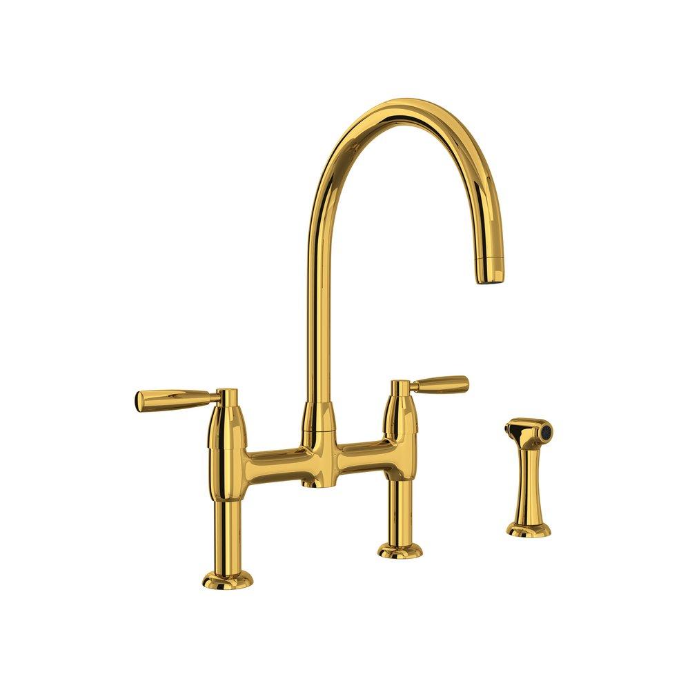 Perrin & Rowe® Holborn Two Handle Bridge Kitchen Faucet with Side Spray in Unlacquered Brass