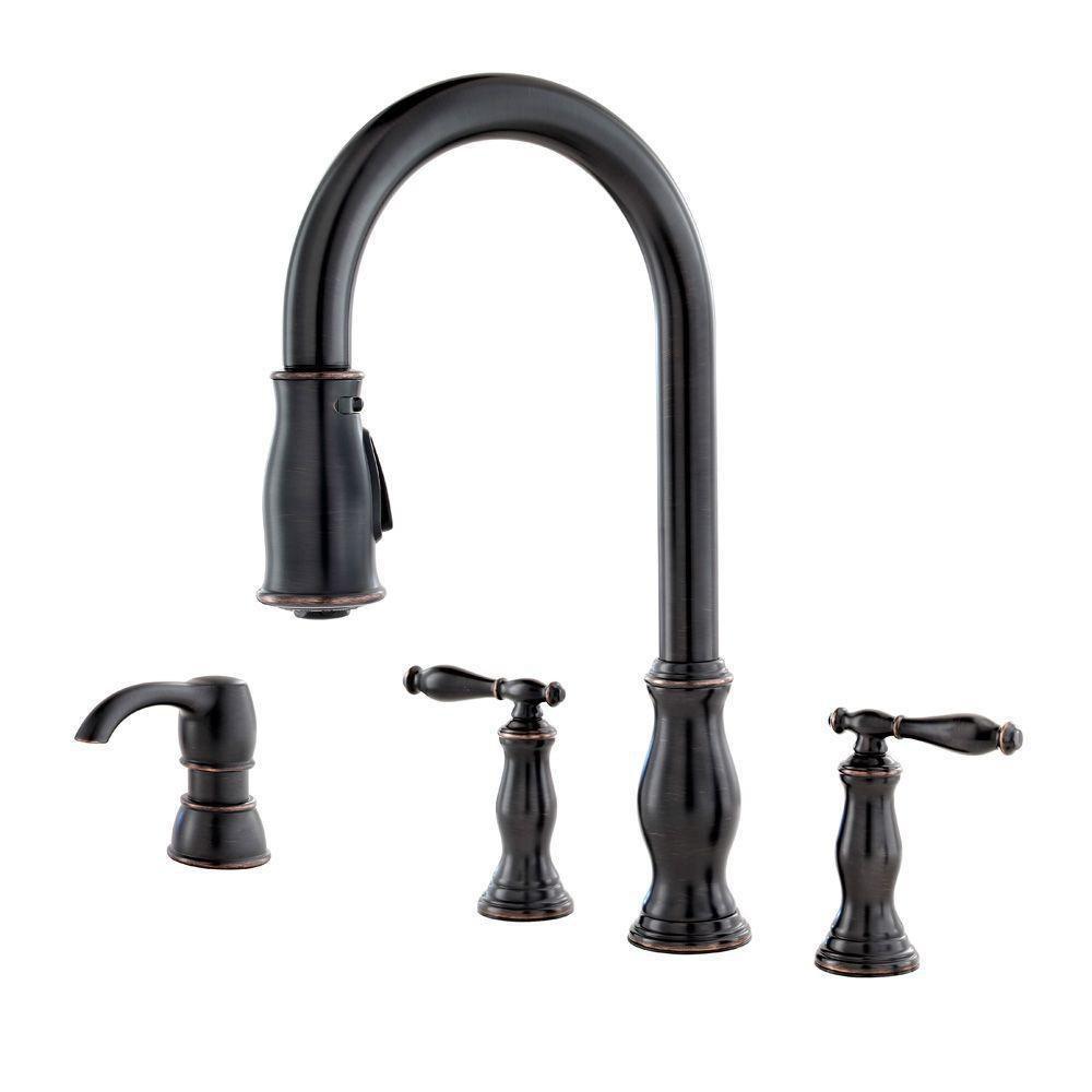 Pfister Hanover™ Two Handle Pull Down Kitchen Faucet with Soap Dispenser in Tuscan Bronze