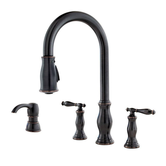 Pfister Hanover™ Two Handle Pull Down Kitchen Faucet with Soap Dispenser in Tuscan Bronze
