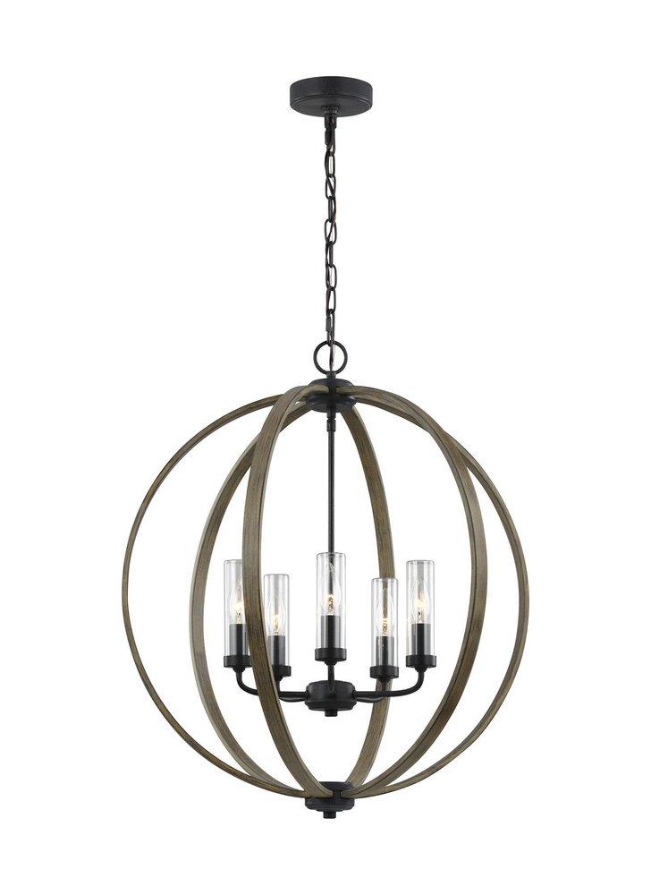Visual Comfort & Co. Studio Allier 60W 5-Light Candelabra E-12 Incandescent Outdoor Chandelier in Weathered Oak Wood with Antique Forged Iron
