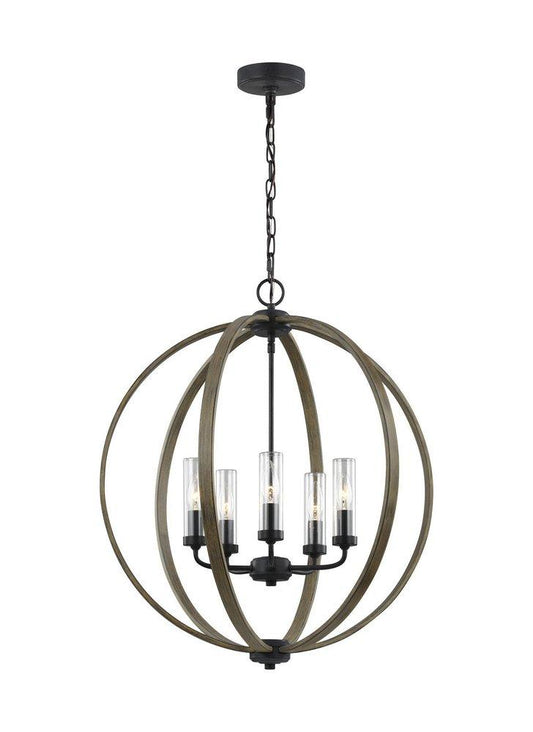 Visual Comfort & Co. Studio Allier 60W 5-Light Candelabra E-12 Incandescent Outdoor Chandelier in Weathered Oak Wood with Antique Forged Iron