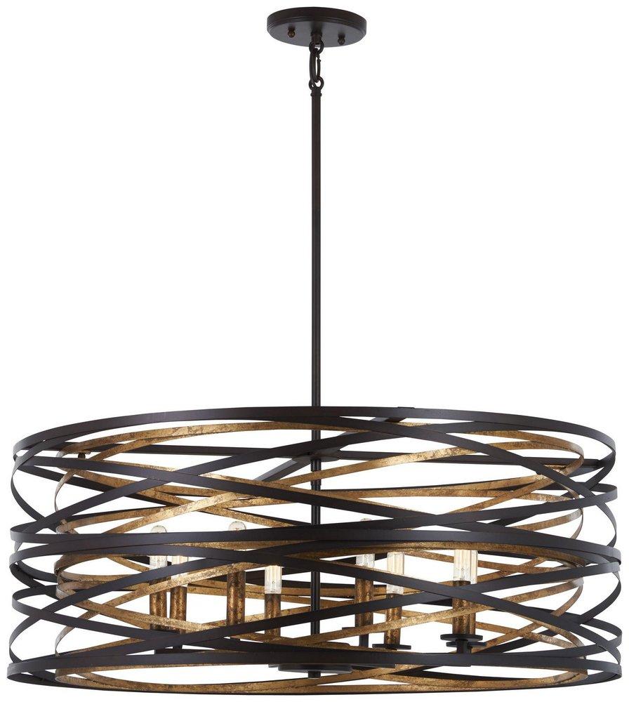 60W 8-Light Chandelier with Metal Shade in Dark Bronze with Mosaic Gold