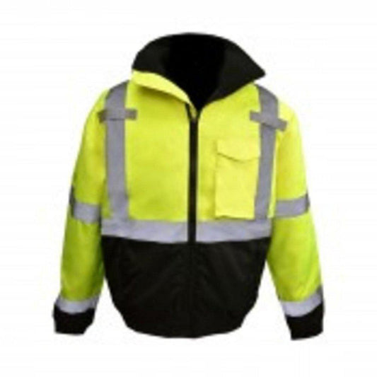 Size M Oxford Polyester Reusable Weatherproof Bomber Jacket and Quilted Built-in Liner in Black and Hi-Viz Green