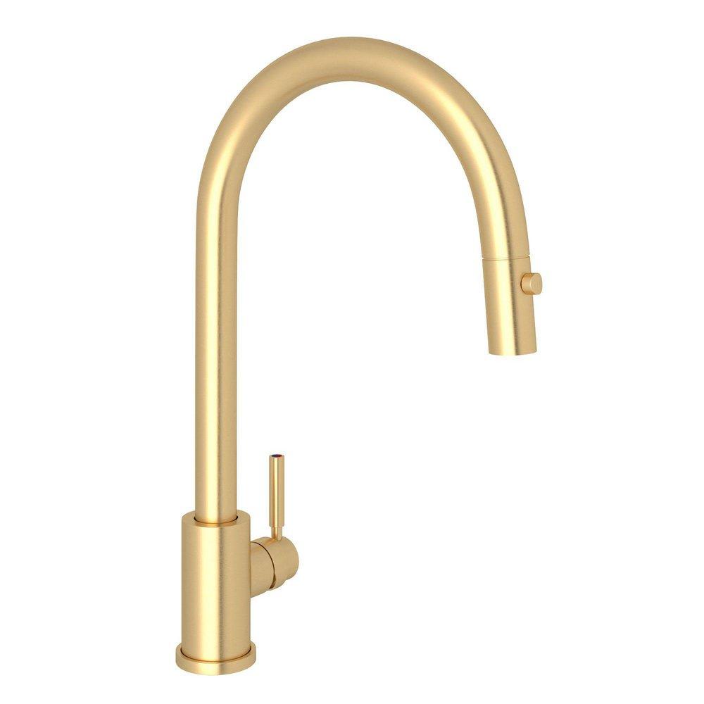 Perrin & Rowe® Holborn™ Single Handle Pull Down Kitchen Faucet in Satin English Gold