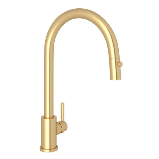 Perrin & Rowe® Holborn™ Single Handle Pull Down Kitchen Faucet in Satin English Gold