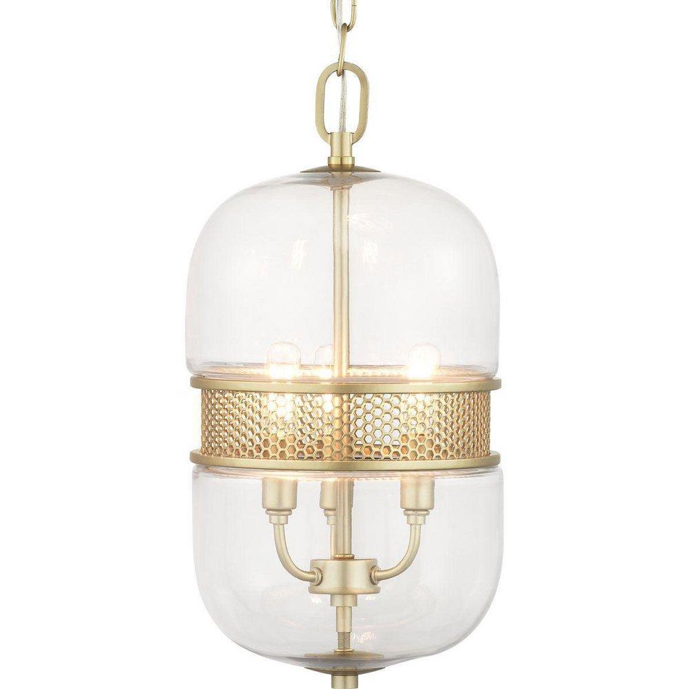 Progress Lighting Cayce 9 in. 60W 3-Light Candelabra E-12 Incandescent Clear Glass Pendant in Vintage Gold