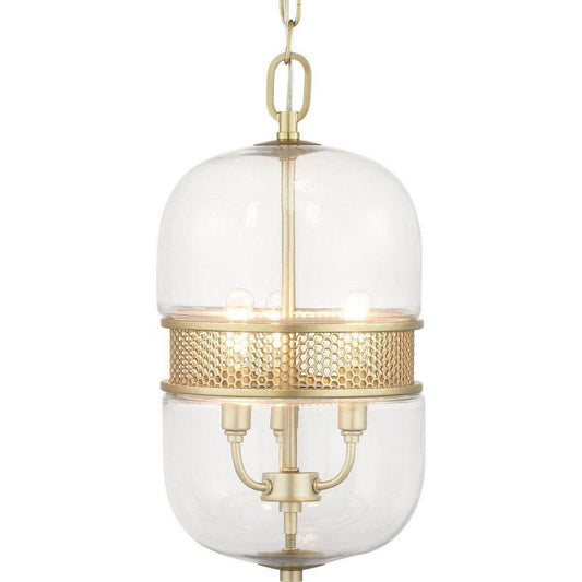 Progress Lighting Cayce 9 in. 60W 3-Light Candelabra E-12 Incandescent Clear Glass Pendant in Vintage Gold