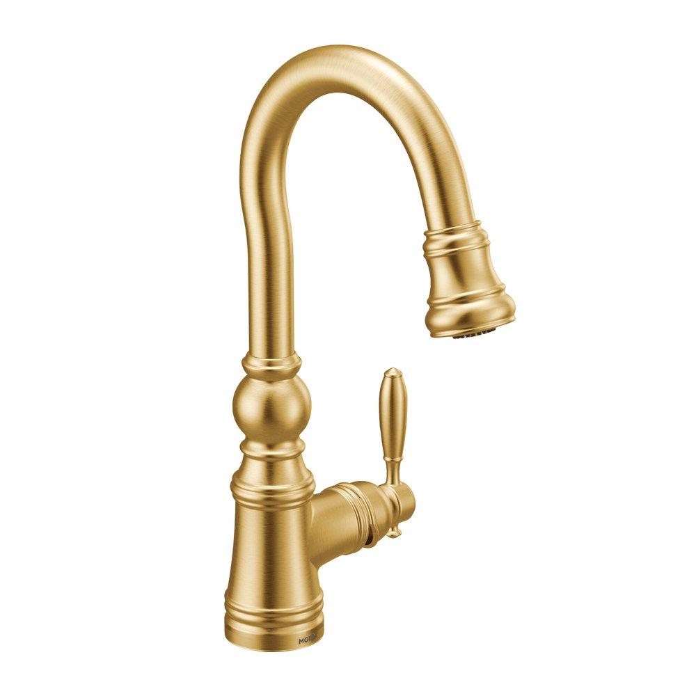 Moen Weymouth™ Single Handle Pull Down Bar Faucet in Brushed Gold