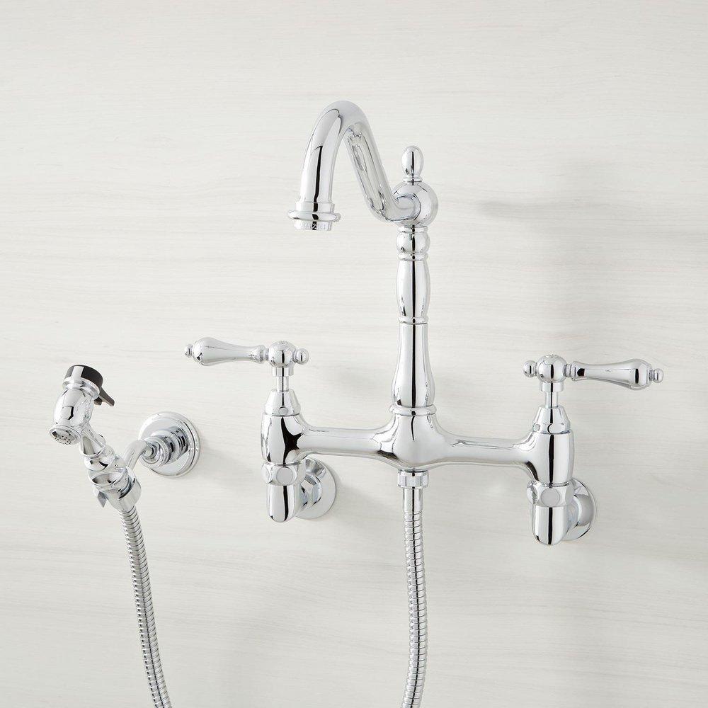 Signature Hardware Felicity Two Handle Bridge Kitchen Faucet with Side Spray in Polished Chrome