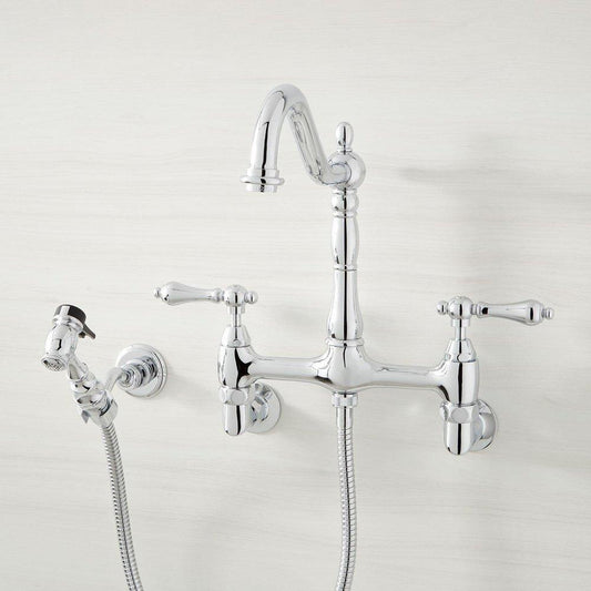 Signature Hardware Felicity Two Handle Bridge Kitchen Faucet with Side Spray in Polished Chrome