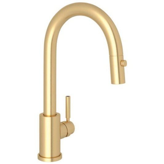 Perrin & Rowe® Holborn™ Single Handle Pull Down Kitchen Faucet in Satin English Gold