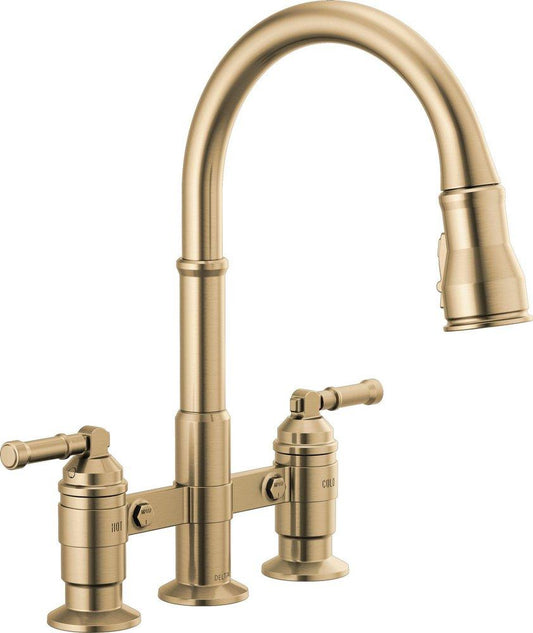 Delta Faucet Broderick™ Two Handle Bridge Pull Down Kitchen Faucet in Champagne Bronze