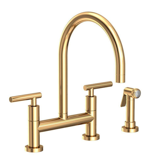 Newport Brass East Linear Two Handle Bridge Kitchen Faucet with Side Spray in Uncoated Polished Brass - Living